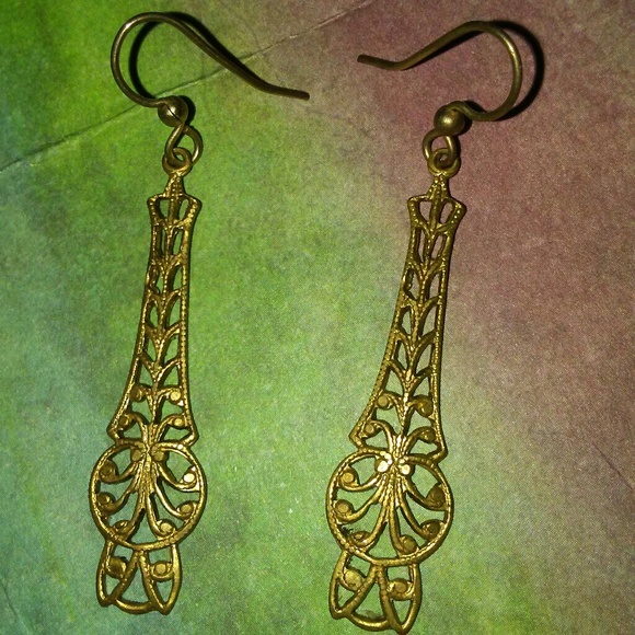 Brass Filigree Handmade Earrings Vintage Repro Gold Art Deco Nouveau Charm KATTA - Picture 2 of 6